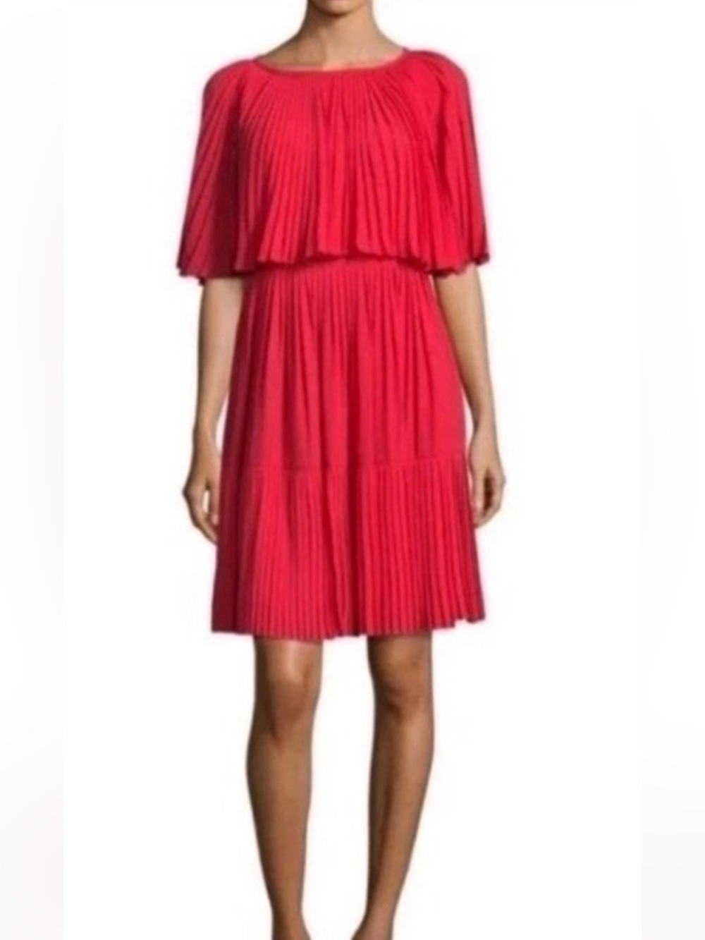 Kate Spade New York Pleated Cape Sleeve Dress Size 6 Coral Red Elegant Midi - Picture 11 of 11